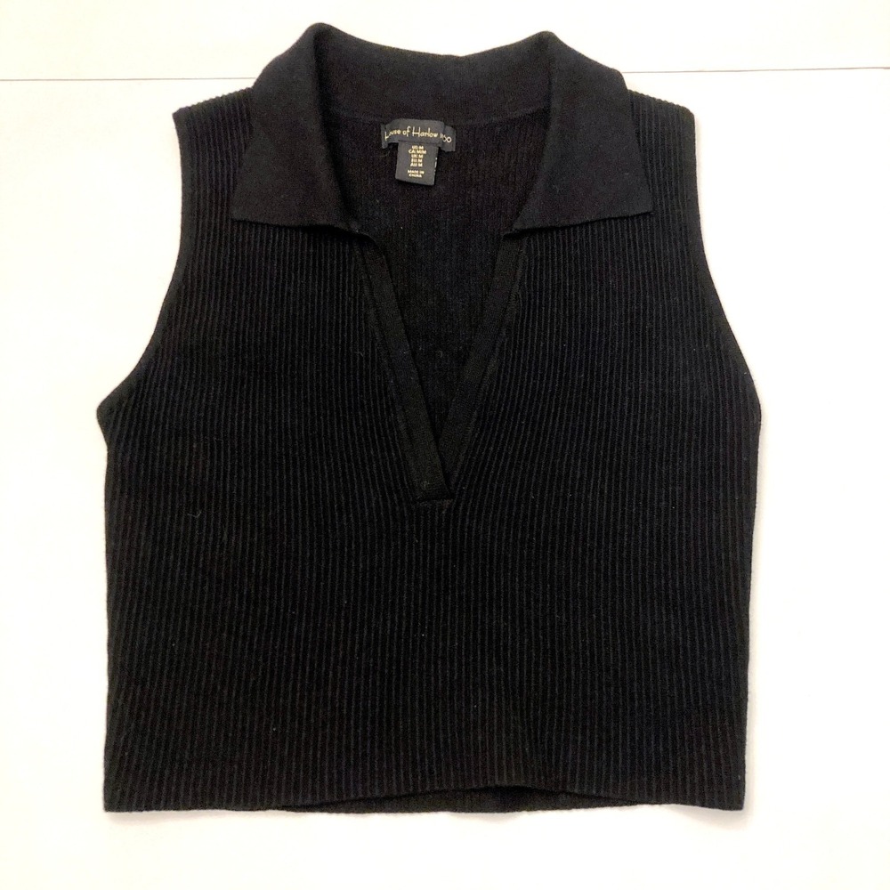 House of Harlow 1960 Black Ribbed V-Neck Collared Sleeveless Crop Top Womens‎ M